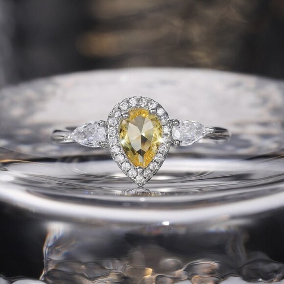 💍925 Silver Yellow Water Drop Romantic Crystal Diamond Ring for Women, K778 - Picture 5 of 10